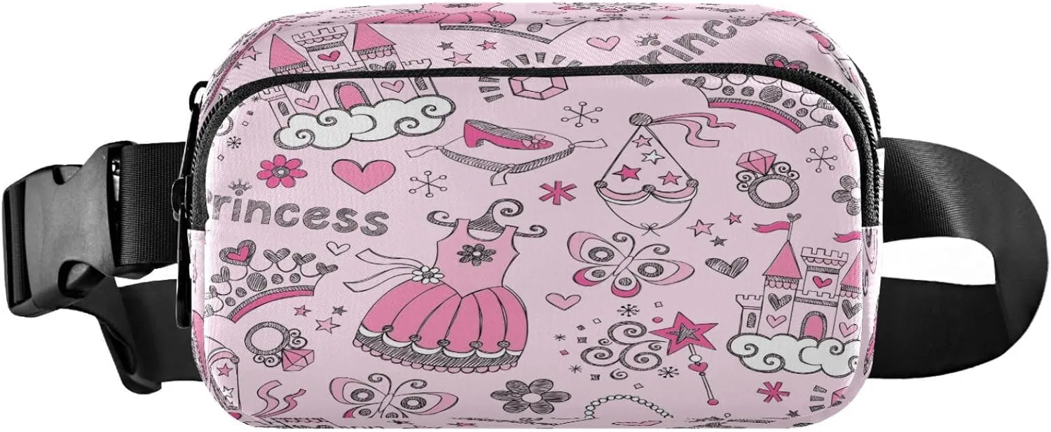 Princess Crown Butterfly Belt Bag for Women Men Heart Pink Fanny Pack Small Waist Pouch Crossbody Bags for Outdoor Hiking Running Travel