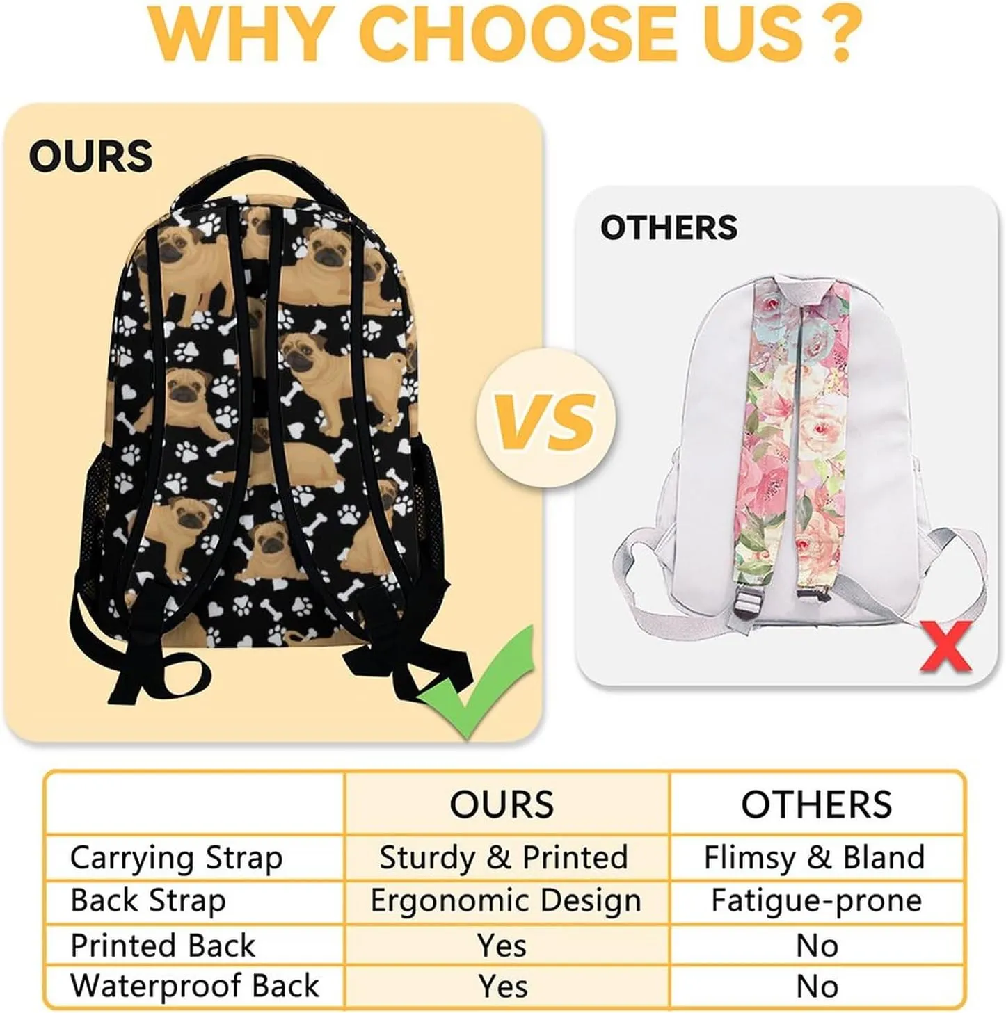 Pug Dog Backpack, 17 Inch Cute Kids Backpack for Primary School, Colorful Large Capacity Bookbag for Girls, Boys
