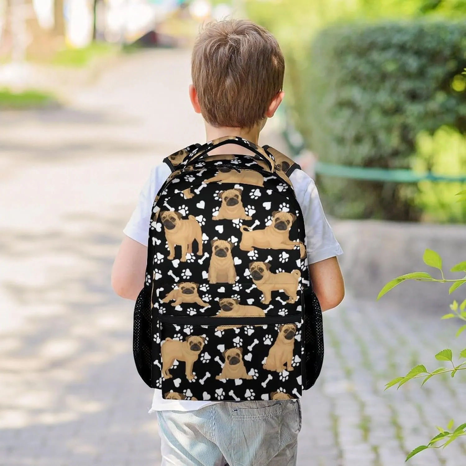 Pug Dog Backpack, 17 Inch Cute Kids Backpack for Primary School, Colorful Large Capacity Bookbag for Girls, Boys