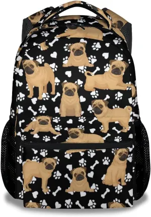 Pug Dog Backpack, 17 Inch Cute Kids Backpack for Primary School, Colorful Large Capacity Bookbag for Girls, Boys