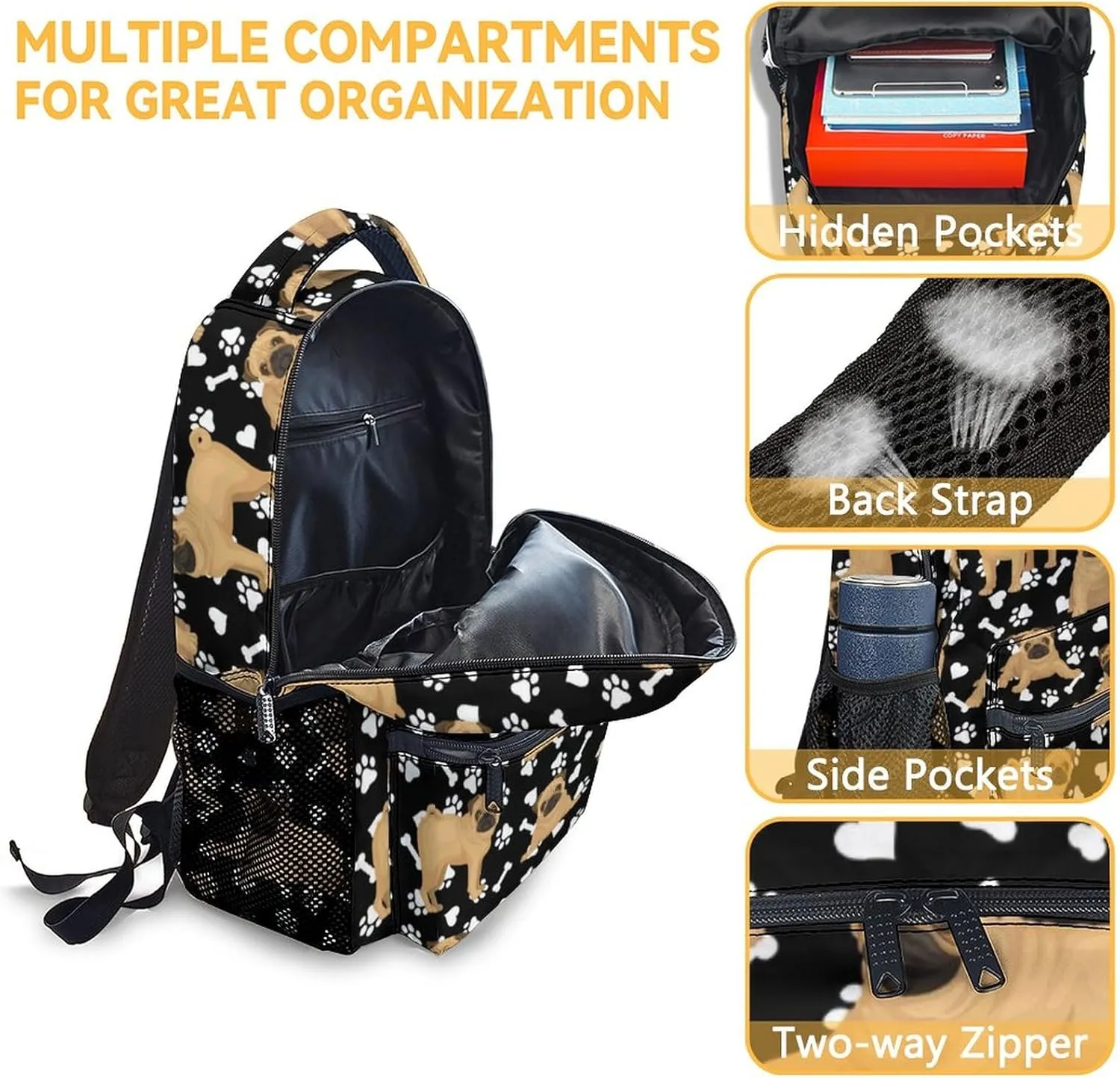 Pug Dog Backpack, 17 Inch Cute Kids Backpack for Primary School, Colorful Large Capacity Bookbag for Girls, Boys