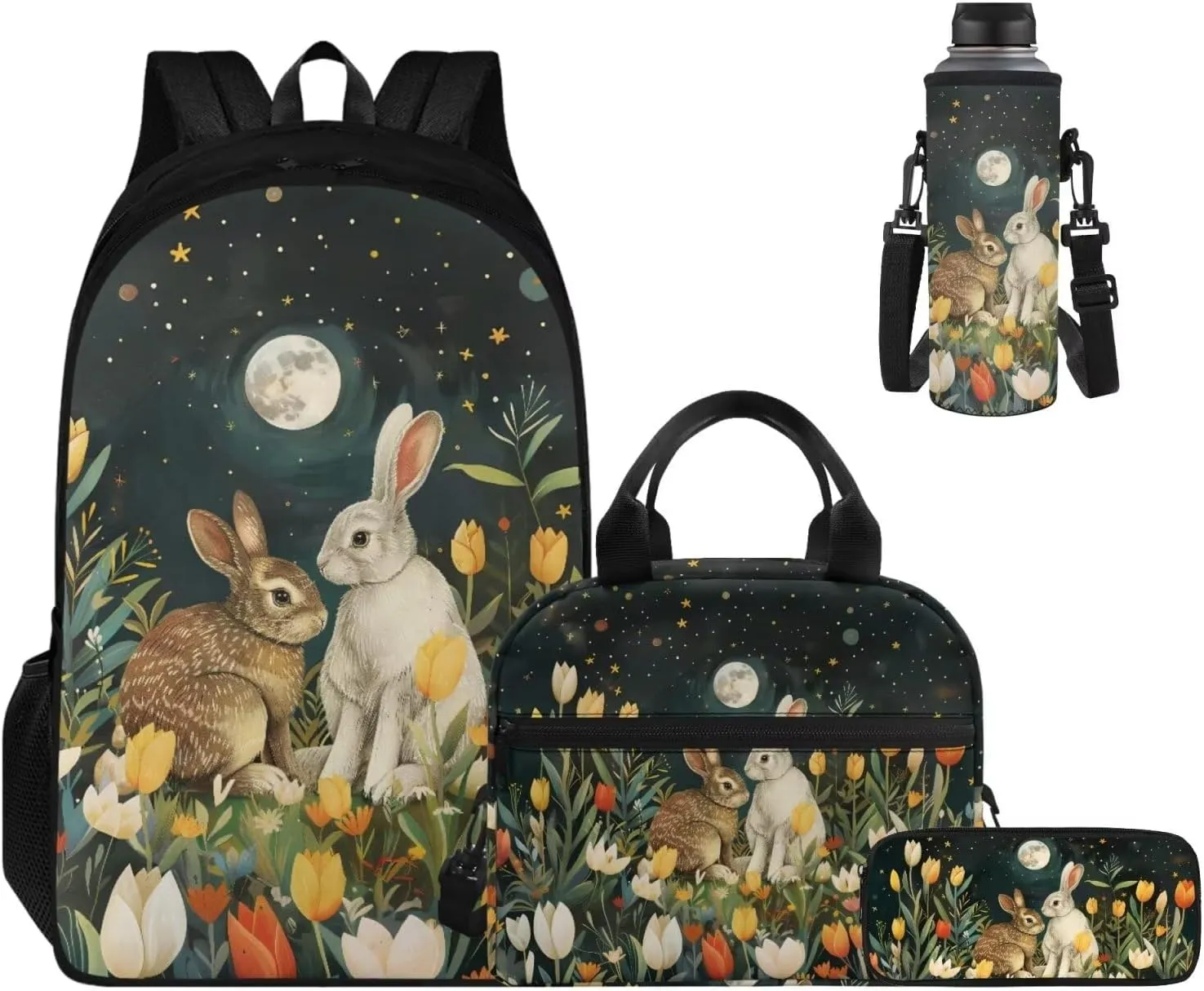 Rabbit Kids' Backpacks & Lunch Boxes Flower School Bag for Girls Moon Kids Backpacks Boys School Bag for Teenage Girls Lunch Bags for School Insulated Pencil Box Bottle Cooler Bag