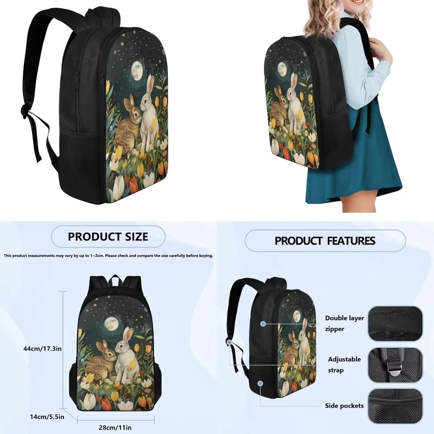 Rabbit Kids' Backpacks & Lunch Boxes Flower School Bag for Girls Moon Kids Backpacks Boys School Bag for Teenage Girls Lunch Bags for School Insulated Pencil Box Bottle Cooler Bag