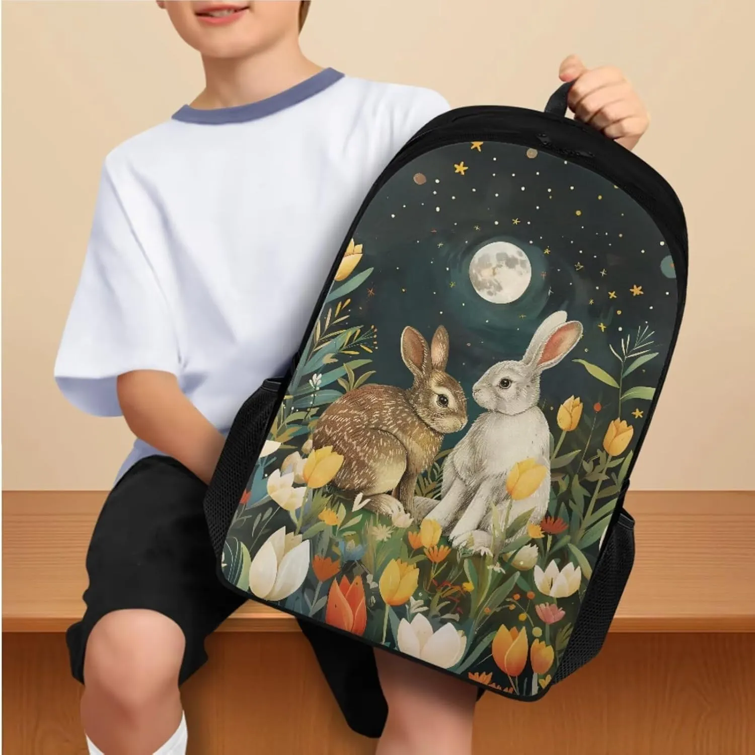 Rabbit Kids' Backpacks & Lunch Boxes Flower School Bag for Girls Moon Kids Backpacks Boys School Bag for Teenage Girls Lunch Bags for School Insulated Pencil Box Bottle Cooler Bag