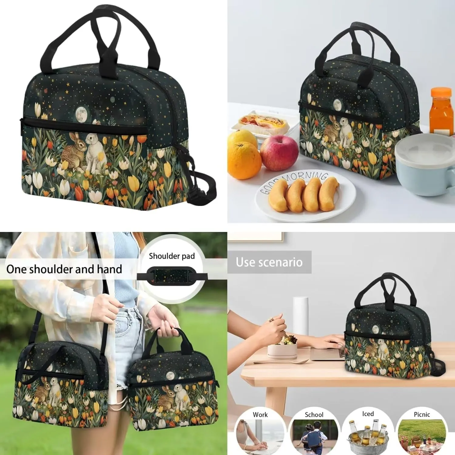 Rabbit Kids' Backpacks & Lunch Boxes Flower School Bag for Girls Moon Kids Backpacks Boys School Bag for Teenage Girls Lunch Bags for School Insulated Pencil Box Bottle Cooler Bag