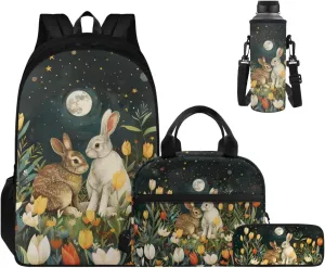 Rabbit Kids' Backpacks & Lunch Boxes Flower School Bag for Girls Moon Kids Backpacks Boys School Bag for Teenage Girls Lunch Bags for School Insulated Pencil Box Bottle Cooler Bag