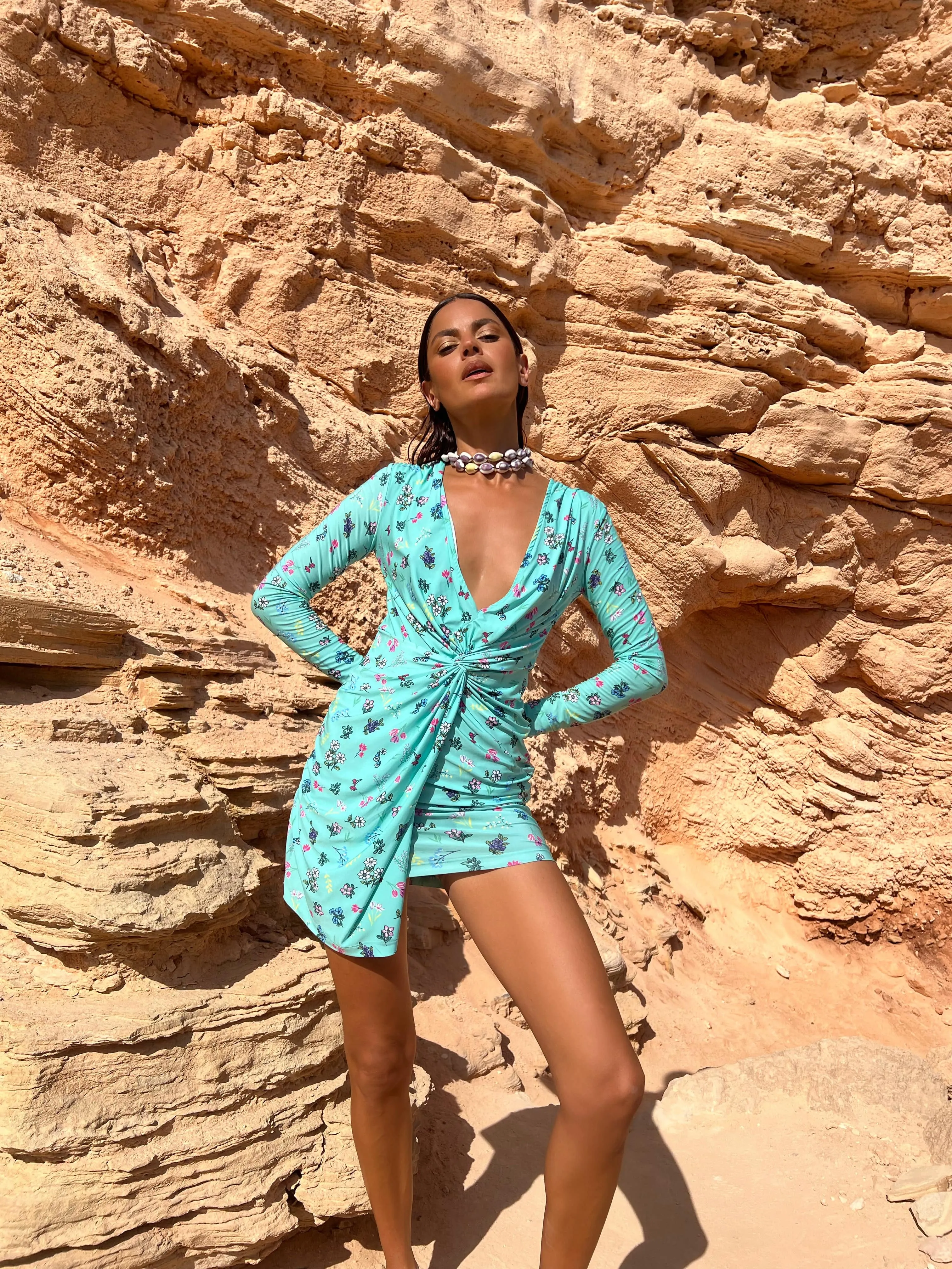 Raya Slinky Mini Dress in Turquoise Ditsy Floral