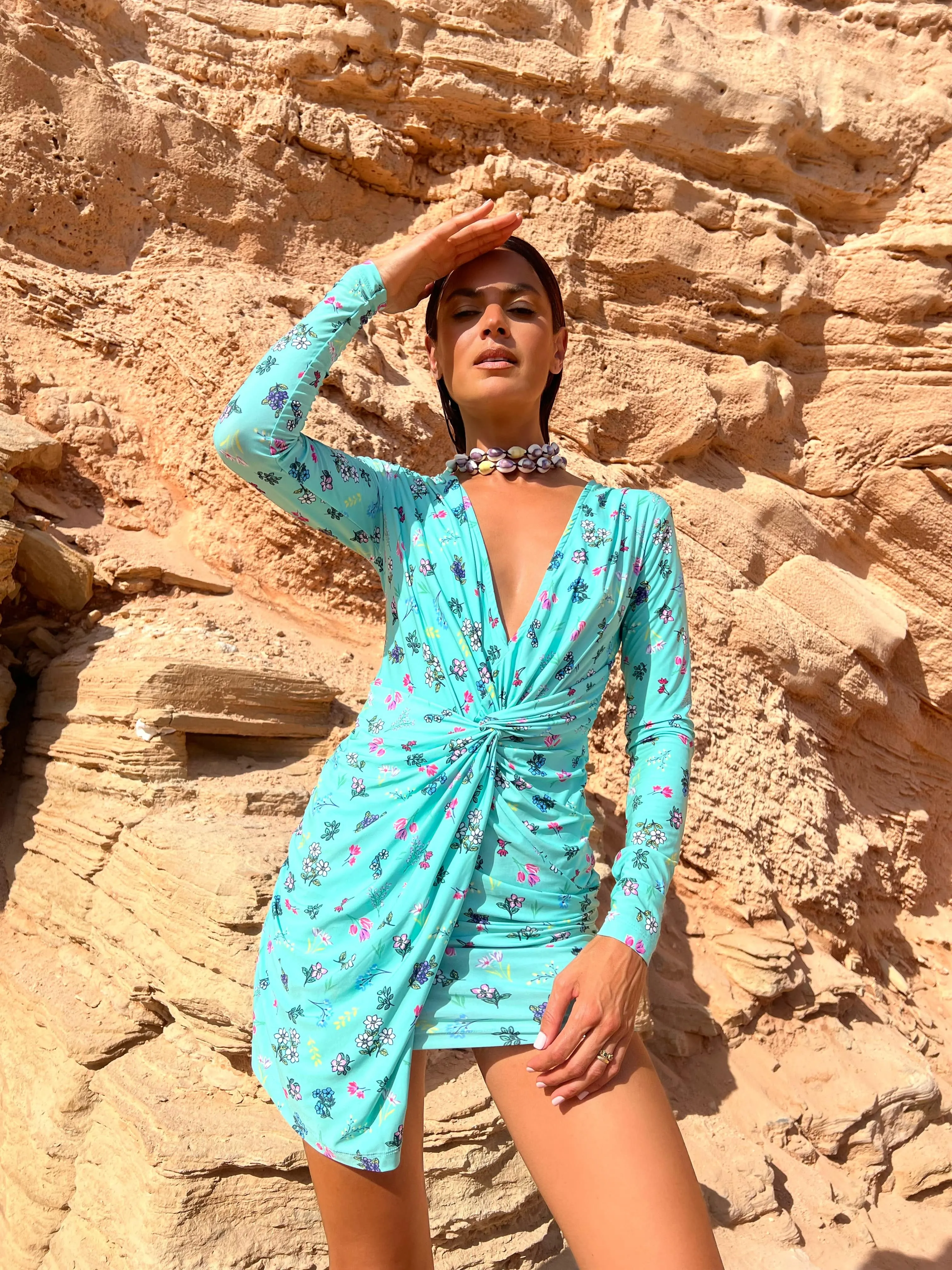 Raya Slinky Mini Dress in Turquoise Ditsy Floral