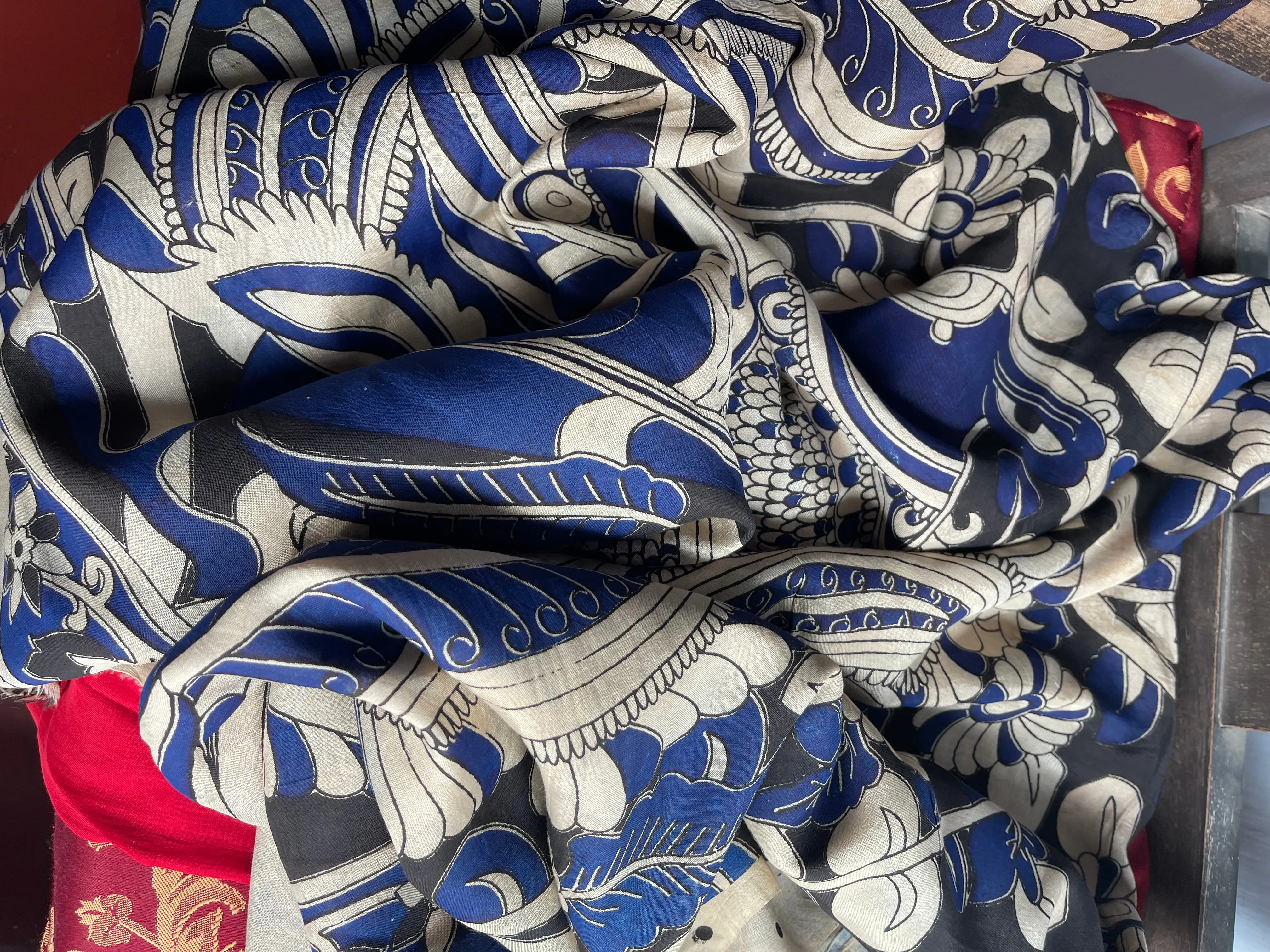 Red and Blue Pure Handloom Silk Kalamkari Painted Saree