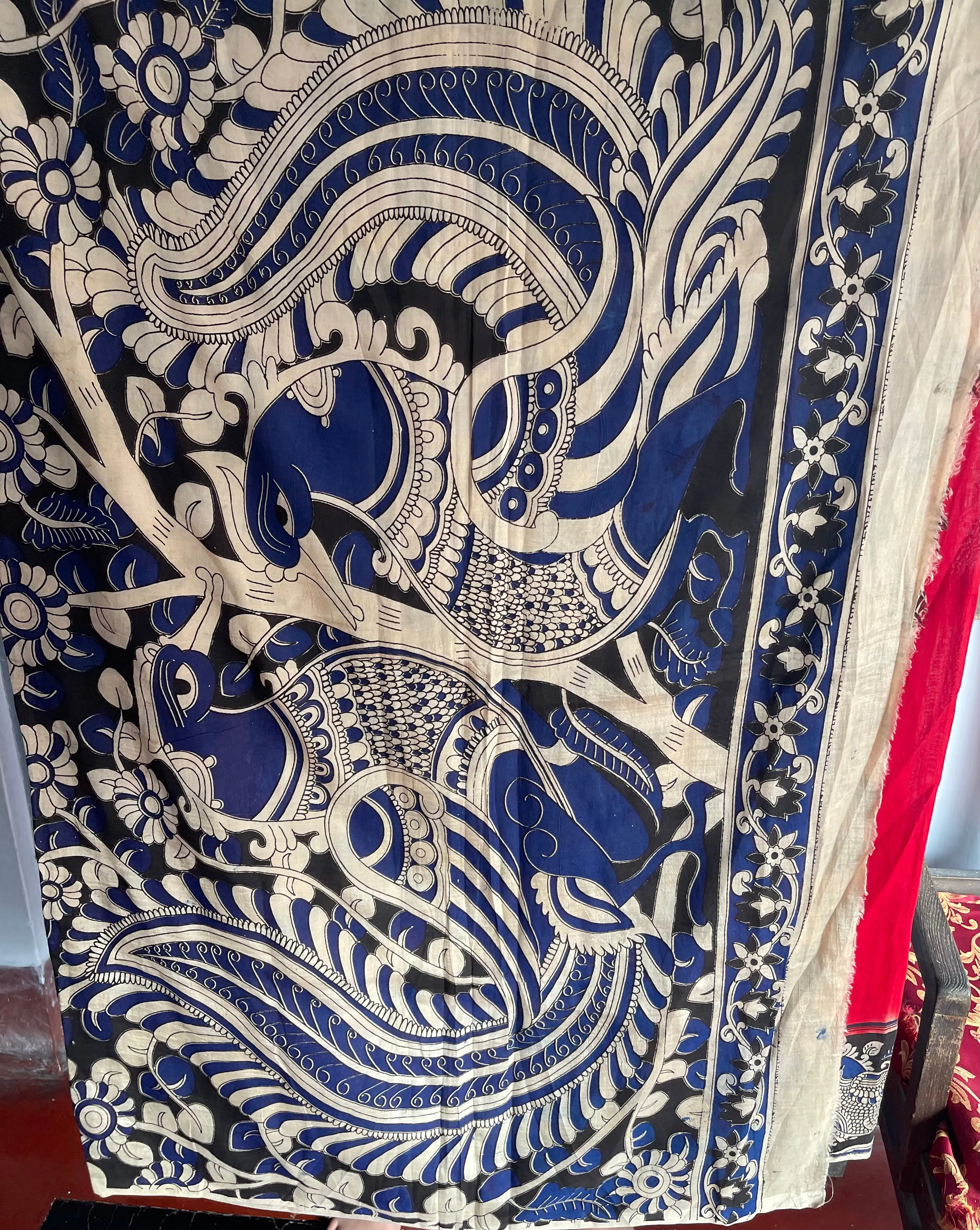 Red and Blue Pure Handloom Silk Kalamkari Painted Saree