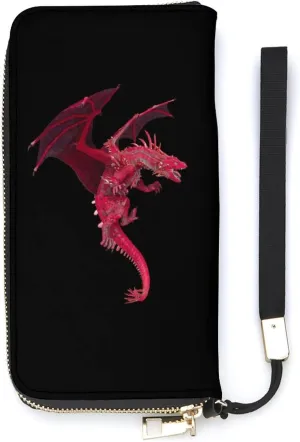 Red Dragon Womens Wallet Zippered Long Clutch Purse Leather Handbag with Wristlet Strap