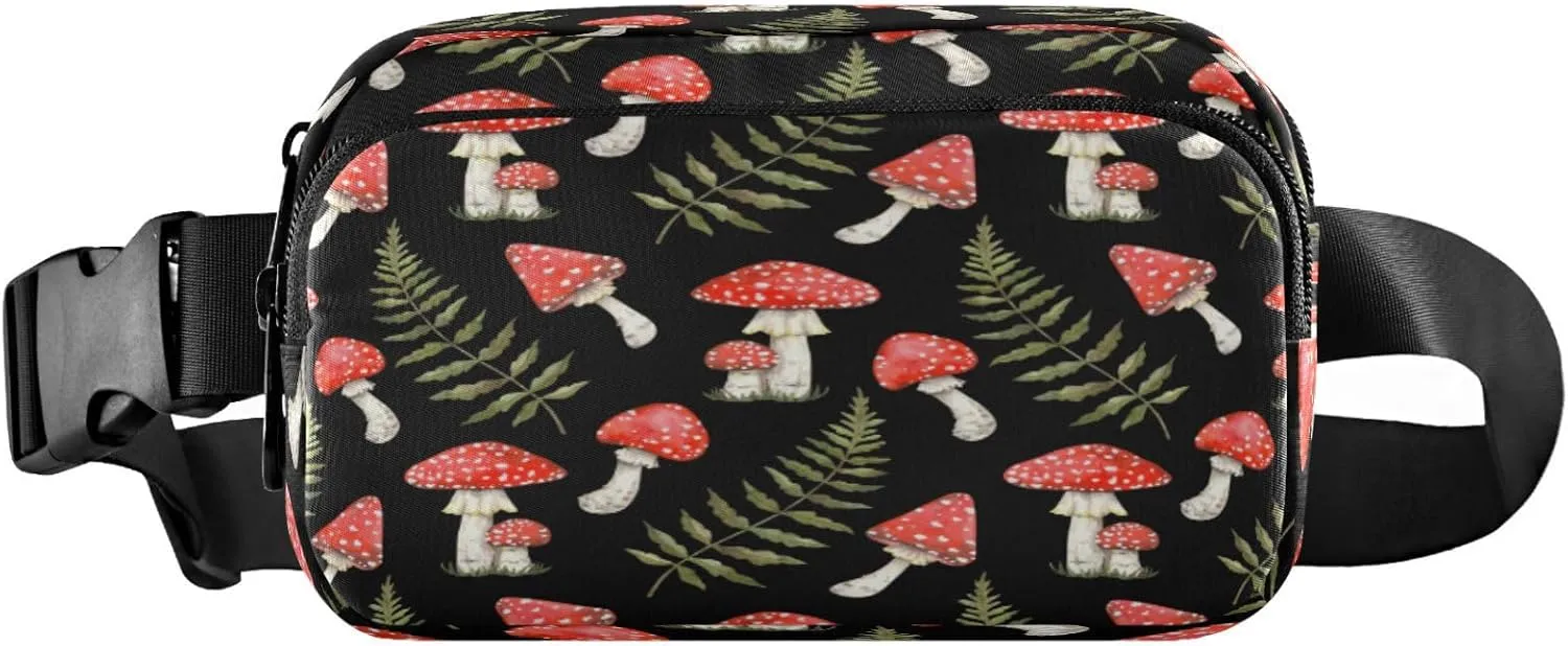 Red White Mushroom Leaves Belt Bag for Women Men Fanny Pack Small Waist Pouch Crossbody Bags for Outdoor Hiking Running Travel