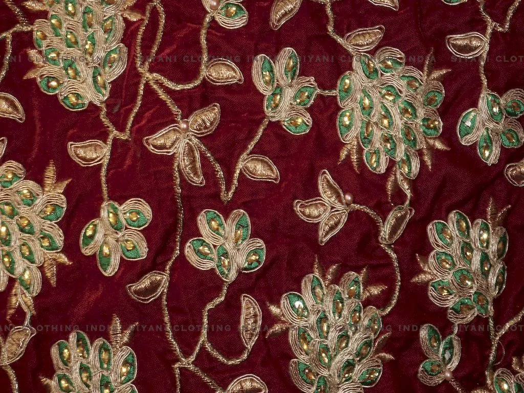 Red Zari And Thread Embroidered Velvet Fabric