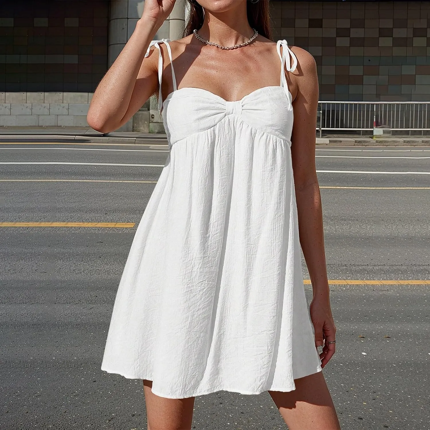 Resort Dresses for Women 2025 Vacation Beach Spaghetti Strap Mini Sundress Summer Cute A Line Ruffle Babydoll Dress