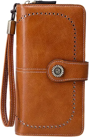 Rfid Wallet Women,2024 New Leather Wallet Women Wristlet,Large Capacity Zip Around Rfid Blocking Bifold Clutch Purses Credit Card Wallet,Travel Wallet for Mom Ladies Women Girls, Brown