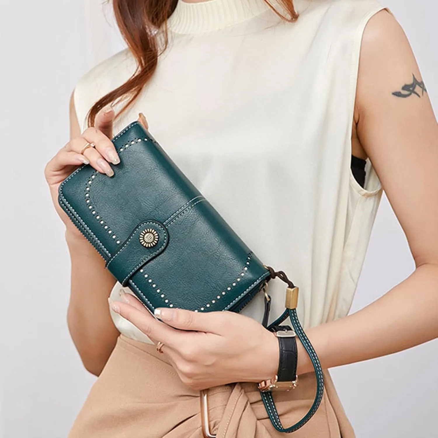 Rfid Wallet Women,Leather Wallet Wristlet for Women,Rfid Blocking Large Capacity Zip Around Bifold Clutch Purses Credit Card Wallet,Travel Wallet for Mom Women Girls Ladies