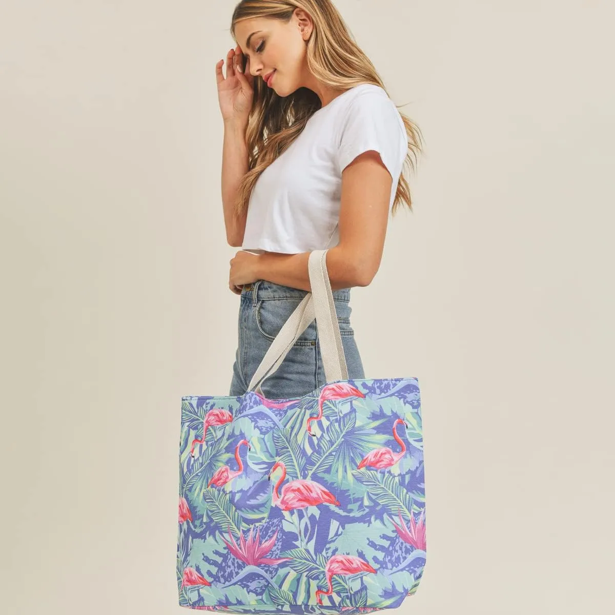 RIAH FASHION Large Reusable Eco Shopper Beach Tote - Canvas Fabric Travel Shoulder Bag Plaid Stripe, Animal, American Flag