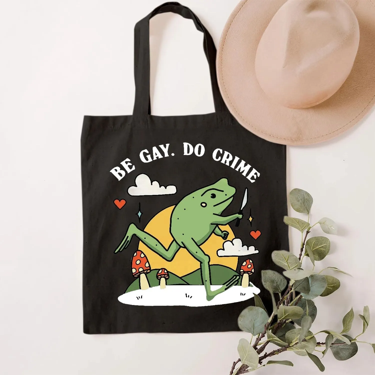 SAUIVD Funny Frogs with A Knife Canvas Tote Bag for Women Cute Frogs Lover Shoulder Bag Reusable Printed Grocery Bags