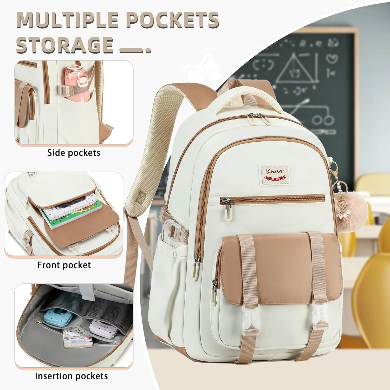School Backpack for Teen Girls College Backpacks for Women Students Bookbag Large 15.6 Inch Laptop Bags Kids Kindergarten Elementary Middle School Bag Anti Theft Daypack Travel Back Pack Beige