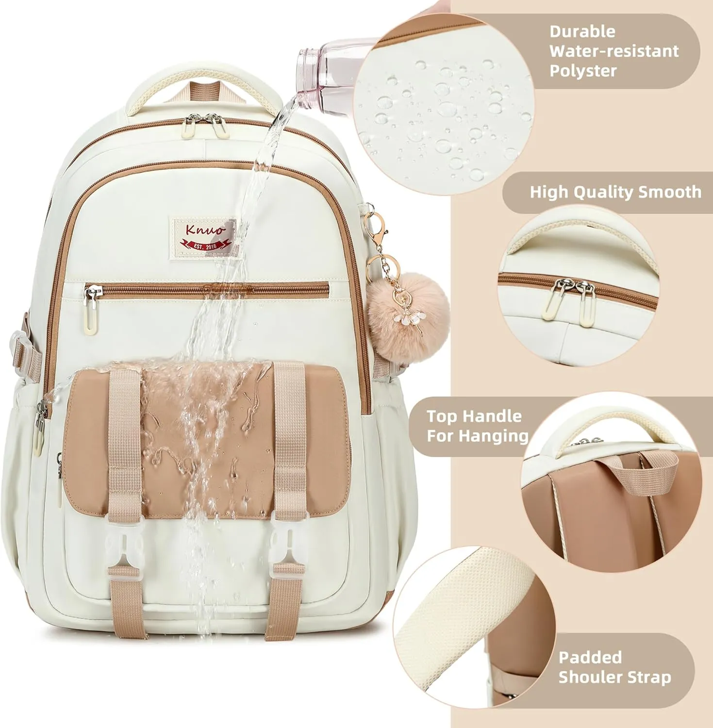 School Backpack for Teen Girls College Backpacks for Women Students Bookbag Large 15.6 Inch Laptop Bags Kids Kindergarten Elementary Middle School Bag Anti Theft Daypack Travel Back Pack Beige