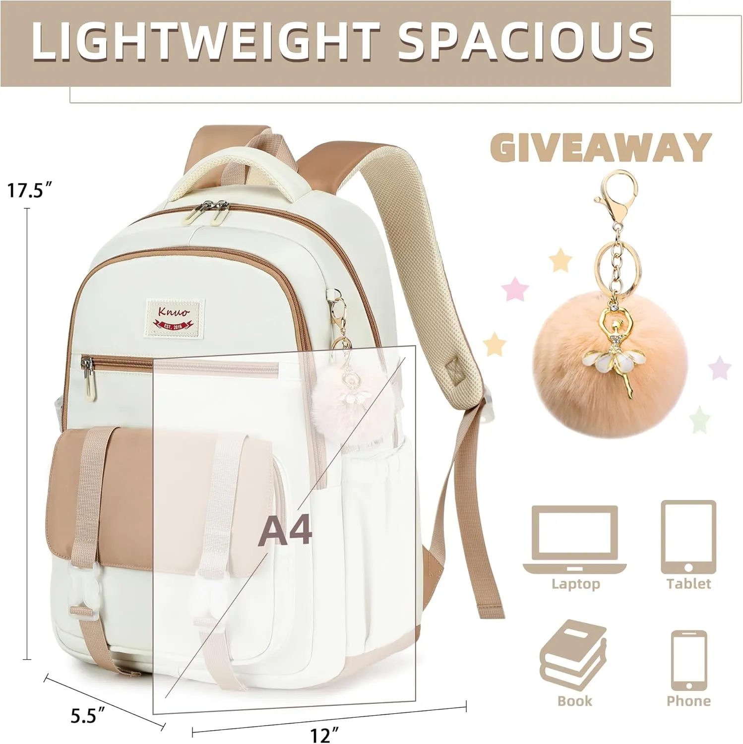 School Backpack for Teen Girls College Backpacks for Women Students Bookbag Large 15.6 Inch Laptop Bags Kids Kindergarten Elementary Middle School Bag Anti Theft Daypack Travel Back Pack Beige