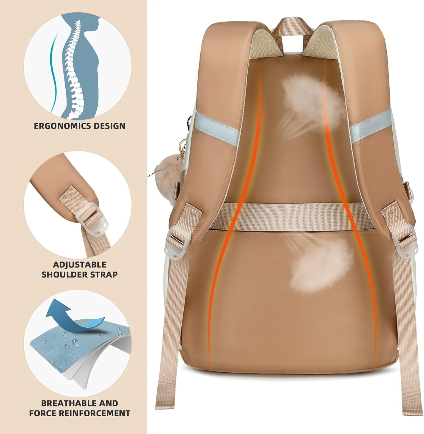 School Backpack for Teen Girls College Backpacks for Women Students Bookbag Large 15.6 Inch Laptop Bags Kids Kindergarten Elementary Middle School Bag Anti Theft Daypack Travel Back Pack Beige