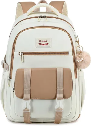 School Backpack for Teen Girls College Backpacks for Women Students Bookbag Large 15.6 Inch Laptop Bags Kids Kindergarten Elementary Middle School Bag Anti Theft Daypack Travel Back Pack Beige