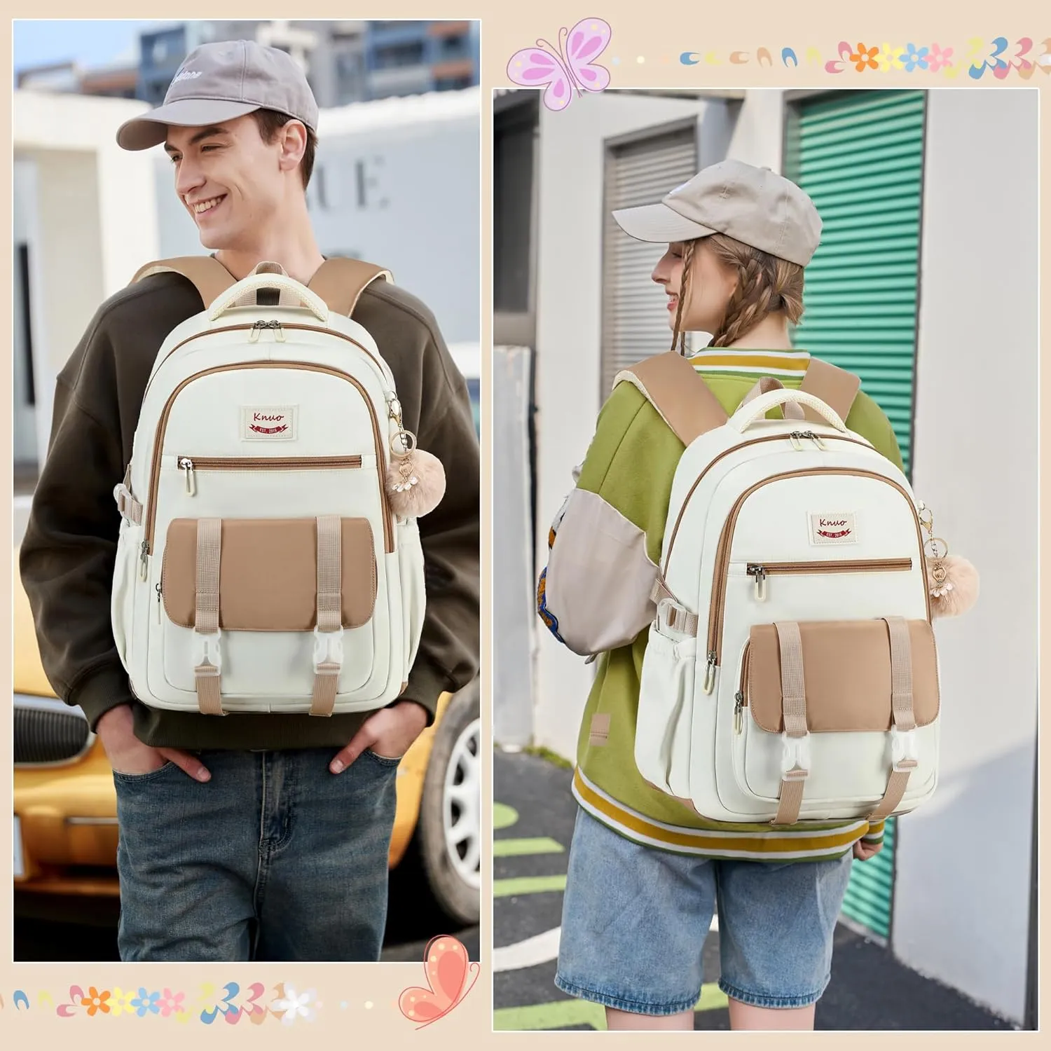School Backpack for Teen Girls College Backpacks for Women Students Bookbag Large 15.6 Inch Laptop Bags Kids Kindergarten Elementary Middle School Bag Anti Theft Daypack Travel Back Pack Beige