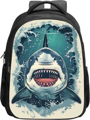 Shark Backpack Cool Shark Face Bookbag, Fierce Ocea Animal Shark School Backpack Shoulder Bag, Elementary School Boys Girls Backpack, 16 Inch Backpack with 2 Compartments, Blue Beige