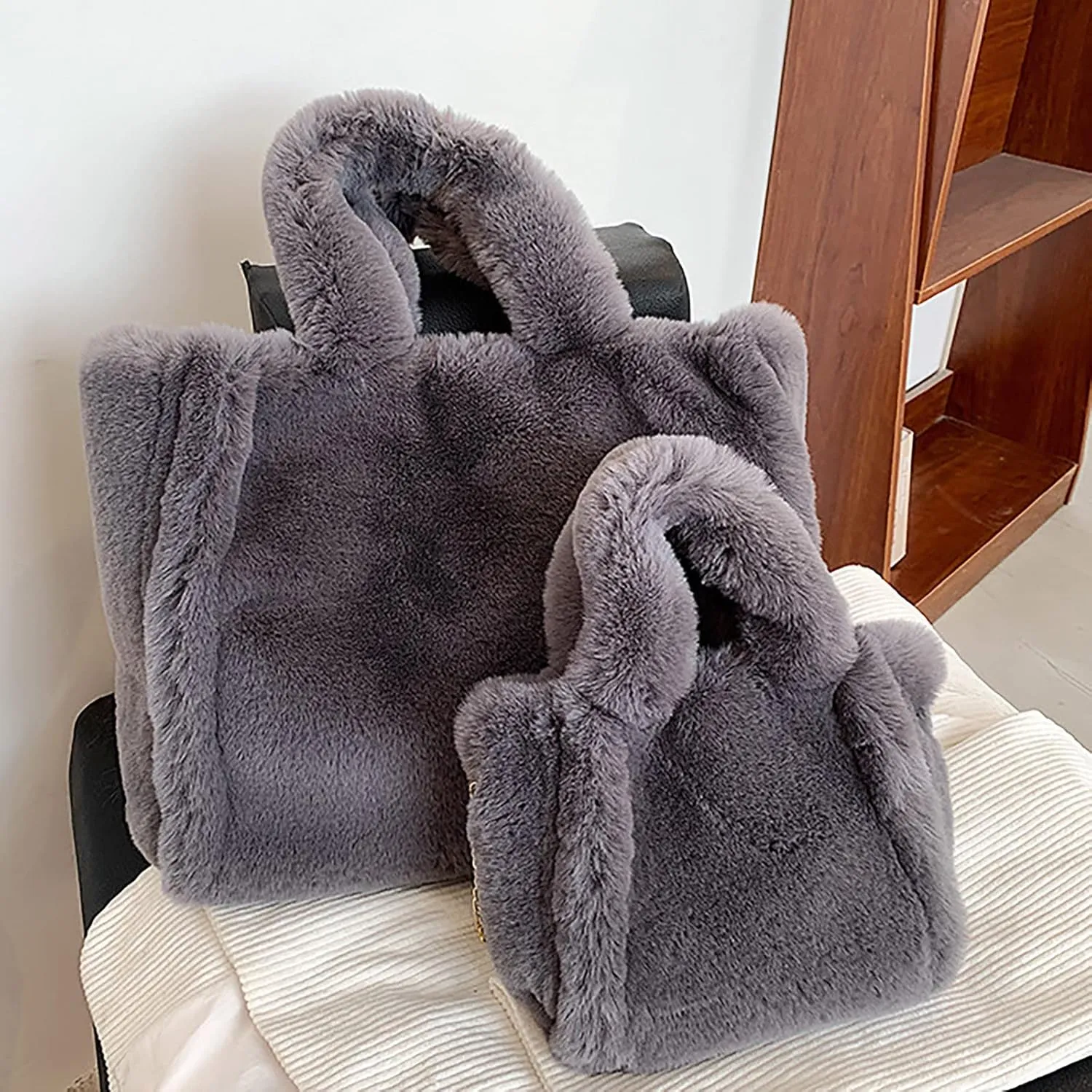 Shoulder Bags Purse Women's Winter Small Size Solid Color Simple Plush Handbag