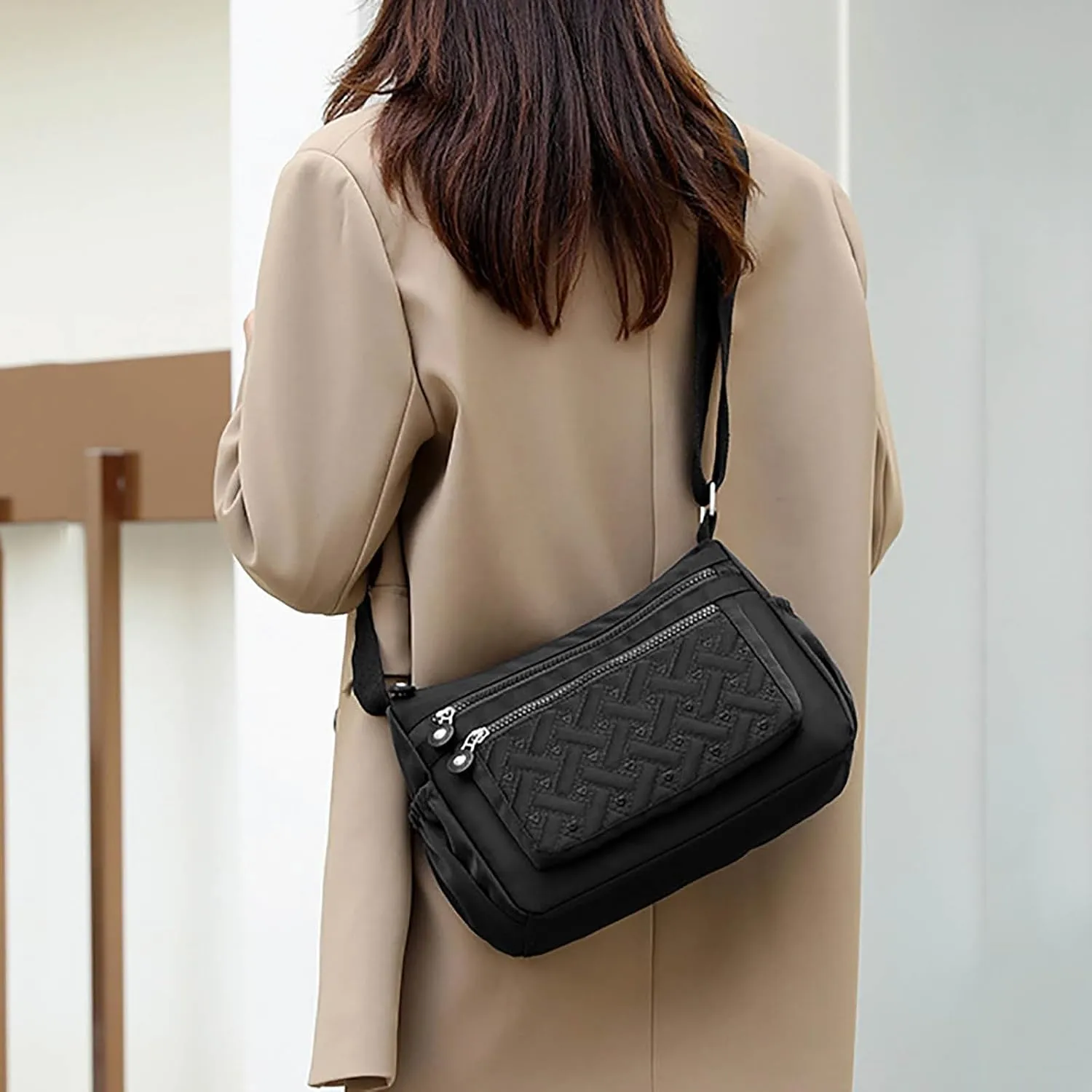 Single Shoulder Women's Bags New Nylon Embroidery Line Bags Canvas Lady's Body Cloth Bag Large (Black, One Size)
