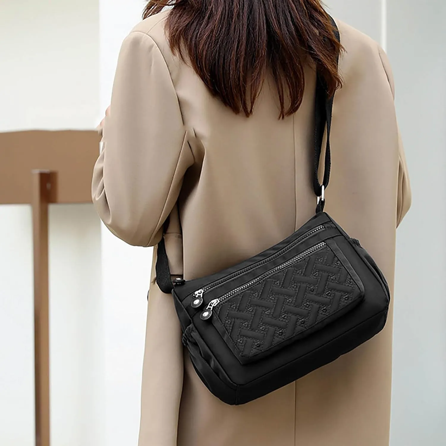 Single Shoulder Women's Bags New Nylon Embroidery Line Bags Canvas Lady's Body Cloth Bag Large (Black, One Size)