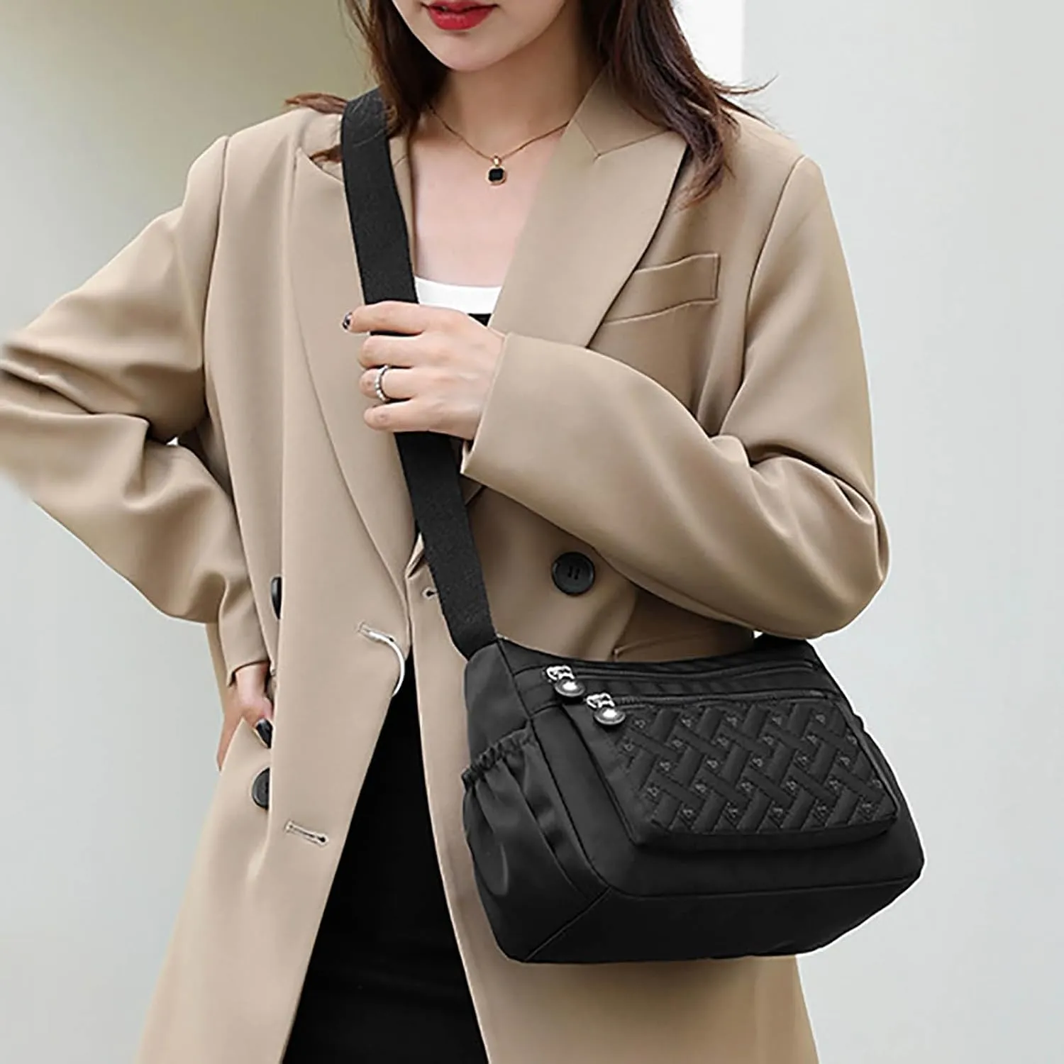 Single Shoulder Women's Bags New Nylon Embroidery Line Bags Canvas Lady's Body Cloth Bag Large (Black, One Size)
