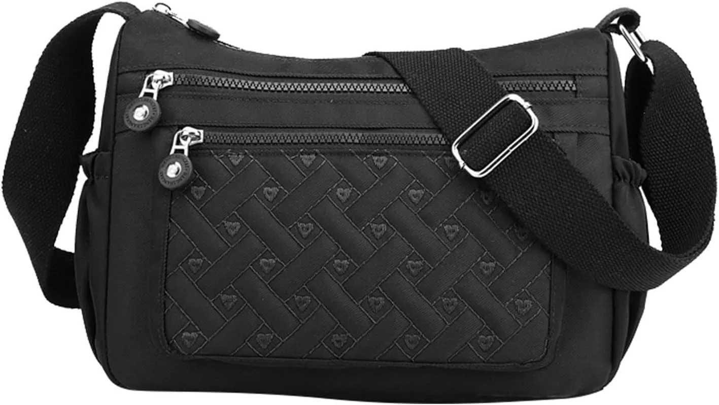 Single Shoulder Women's Bags New Nylon Embroidery Line Bags Canvas Lady's Body Cloth Bag Large (Black, One Size)