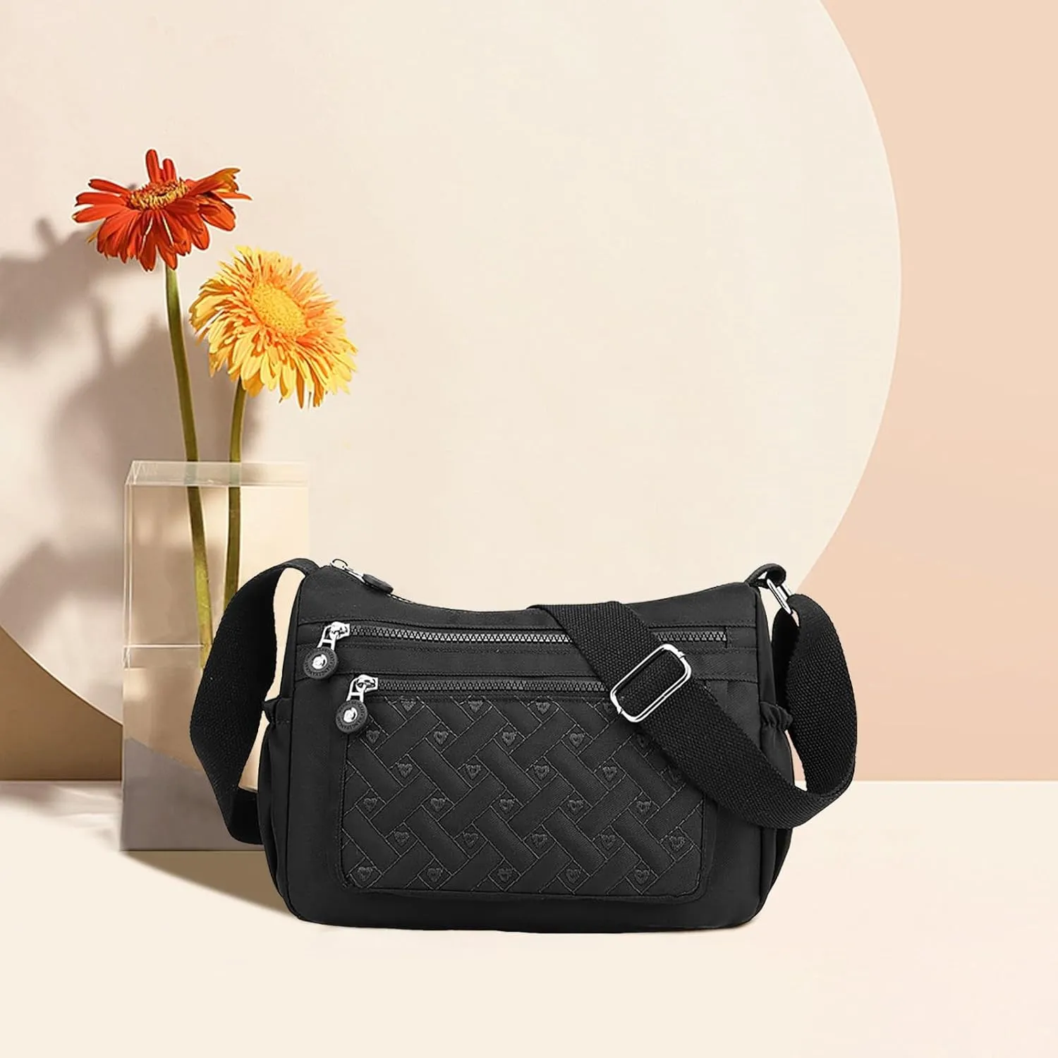 Single Shoulder Women's Bags New Nylon Embroidery Line Bags Canvas Lady's Body Cloth Bag Large (Black, One Size)