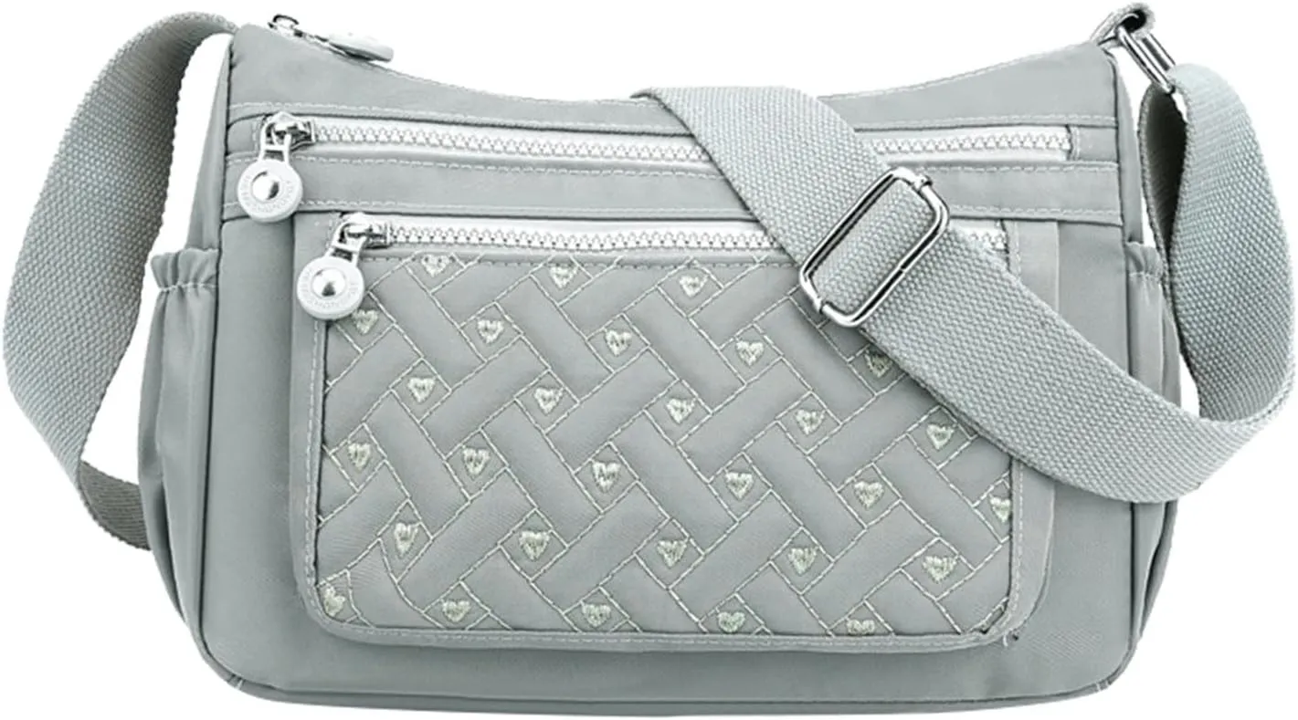 Single Shoulder Women's Bags New Nylon Embroidery Line Bags Canvas Lady's Body Cloth Bag Large (Light Gray, One Size)