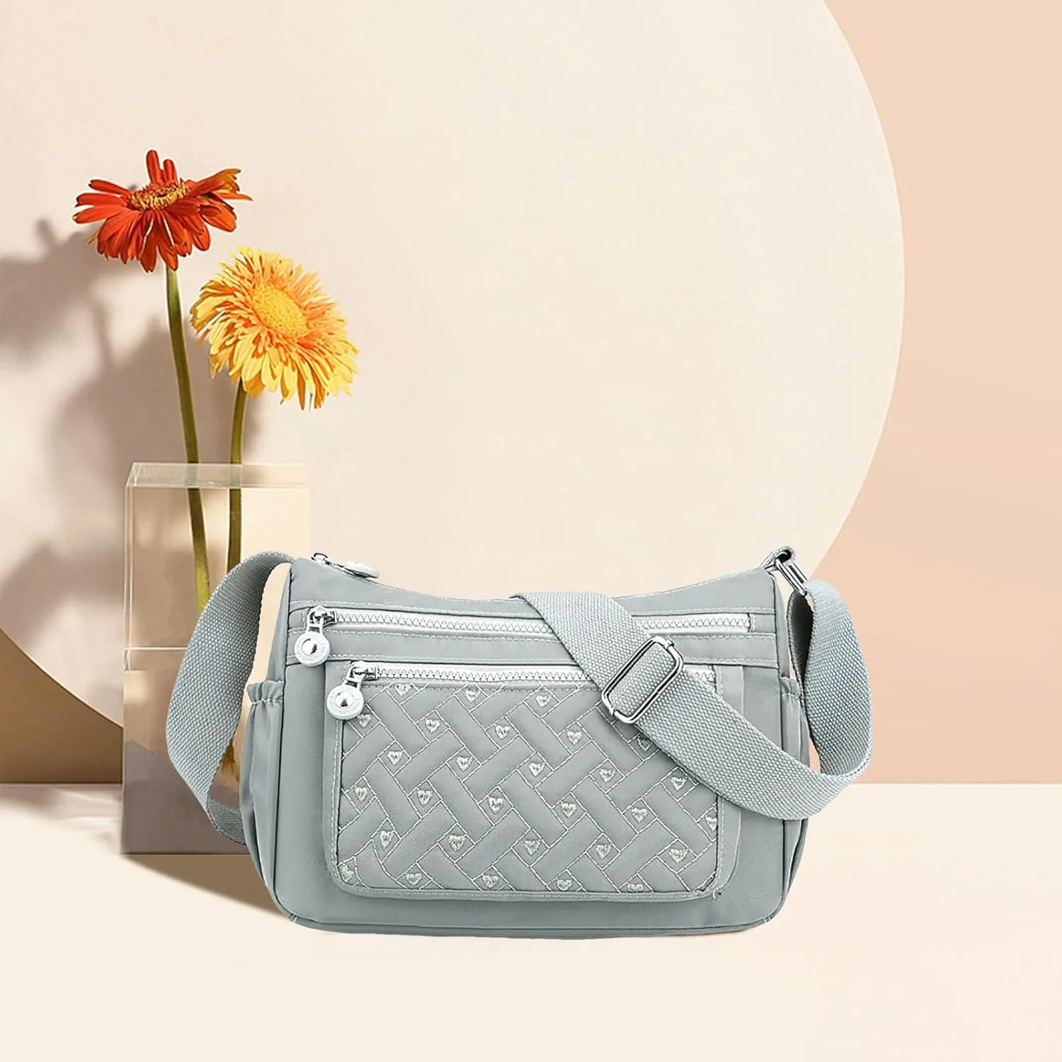 Single Shoulder Women's Bags New Nylon Embroidery Line Bags Canvas Lady's Body Cloth Bag Large (Light Gray, One Size)