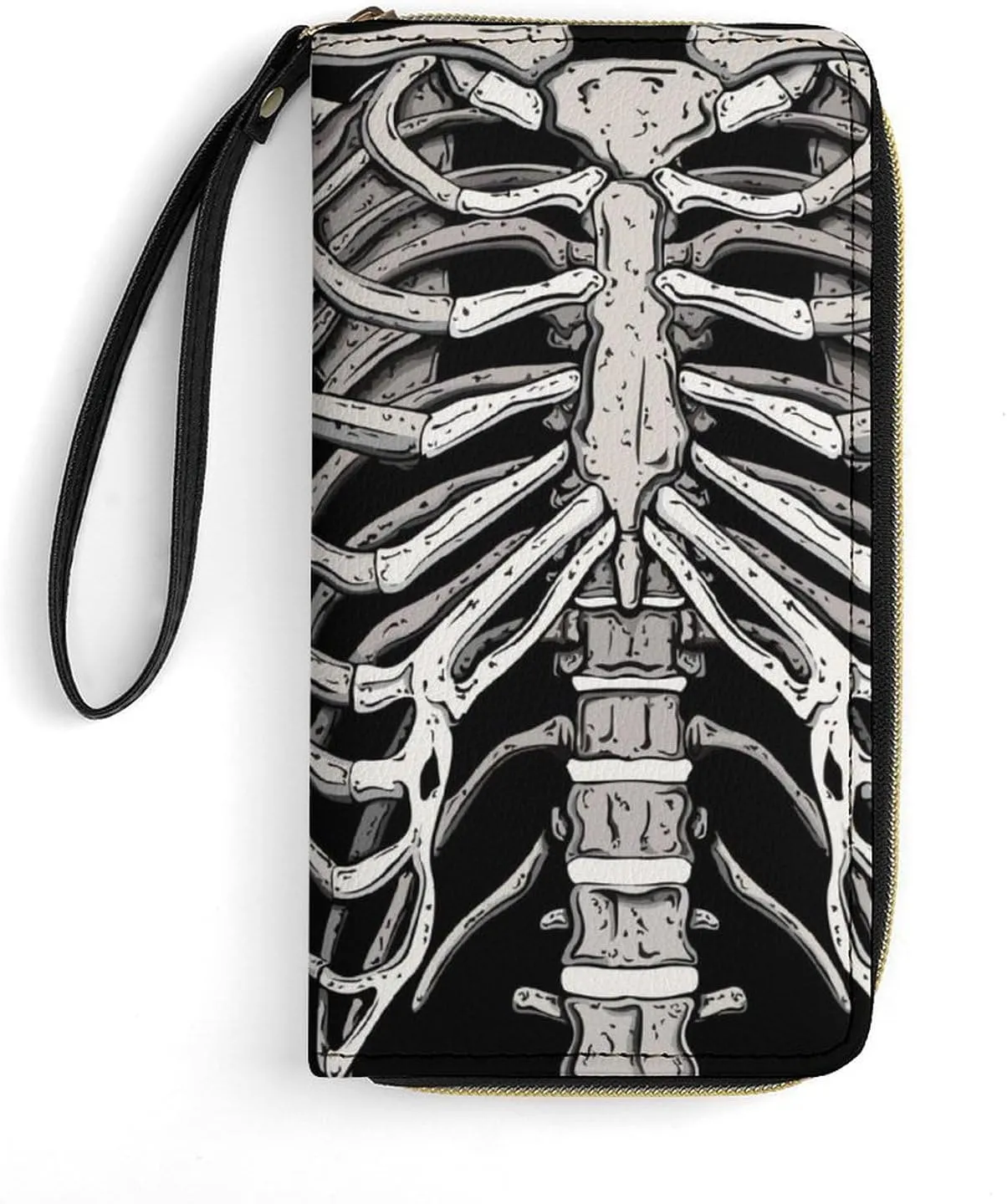 Skeleton Ribcage Bone Leather Wallet Card Holder Purse Clutch Phone Pocket Credit Card Holder with Wristlet Strap