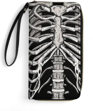 Skeleton Ribcage Bone Leather Wallet Card Holder Purse Clutch Phone Pocket Credit Card Holder with Wristlet Strap