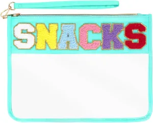 Snack Bag for Travel, Chenille Letter Bag, Nylon Clear Cosmetic Makeup Bag with Zipper, Preppy Patch Travel Pouch for Women Girls Gift (Green-Snacks)