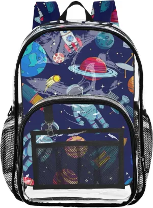 Space Planets Astronaut Clear Bag for Women Travel Kids Backpack for Girls Approved Plastic Bag Large