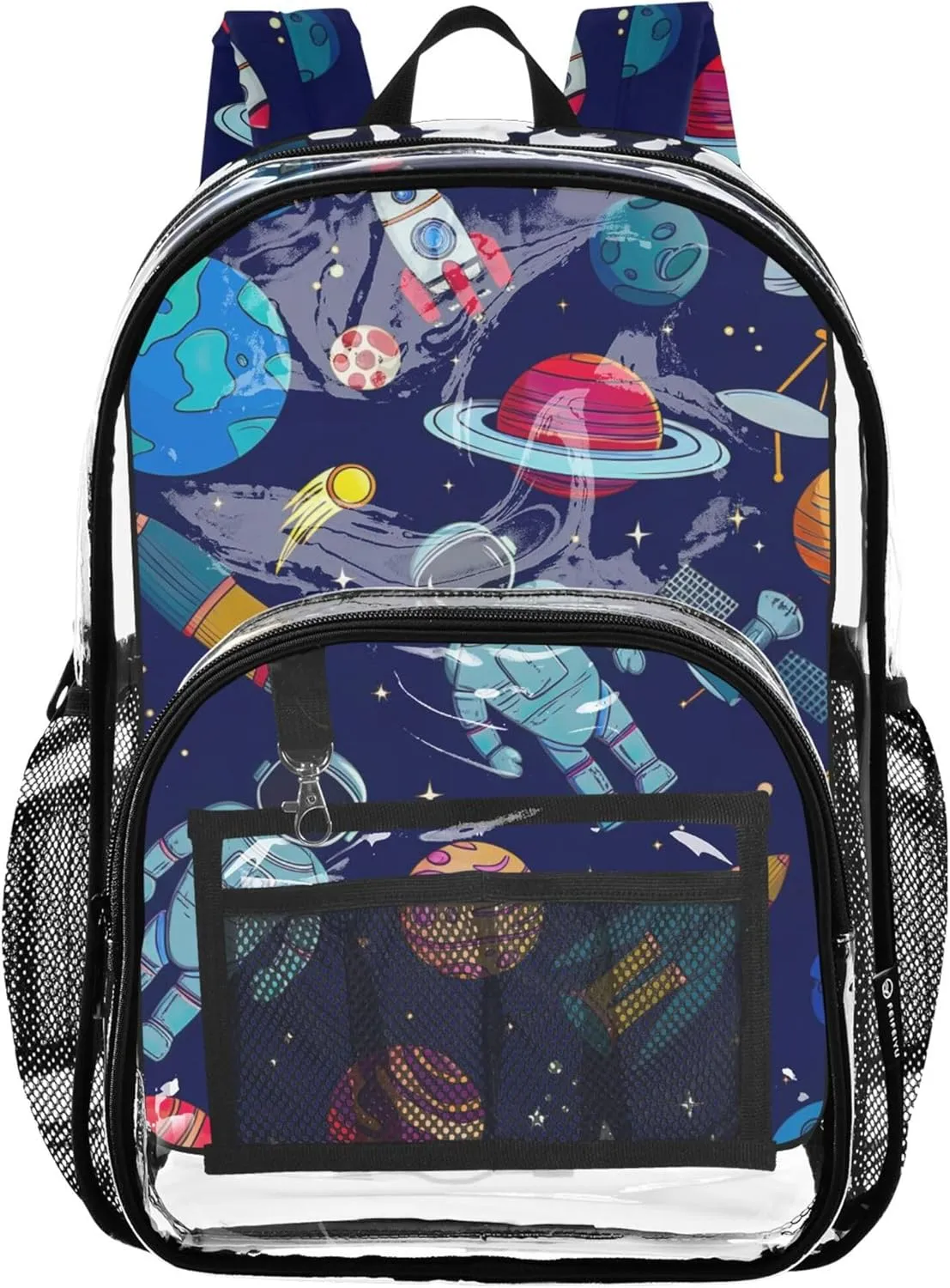 Space Planets Astronaut Clear Bag for Women Travel Kids Backpack for Girls Approved Plastic Bag Large