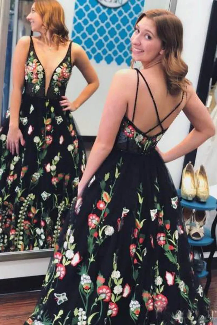 Spaghetti Strap Black Prom Dresses Floral Formal Dress Evening Dresses