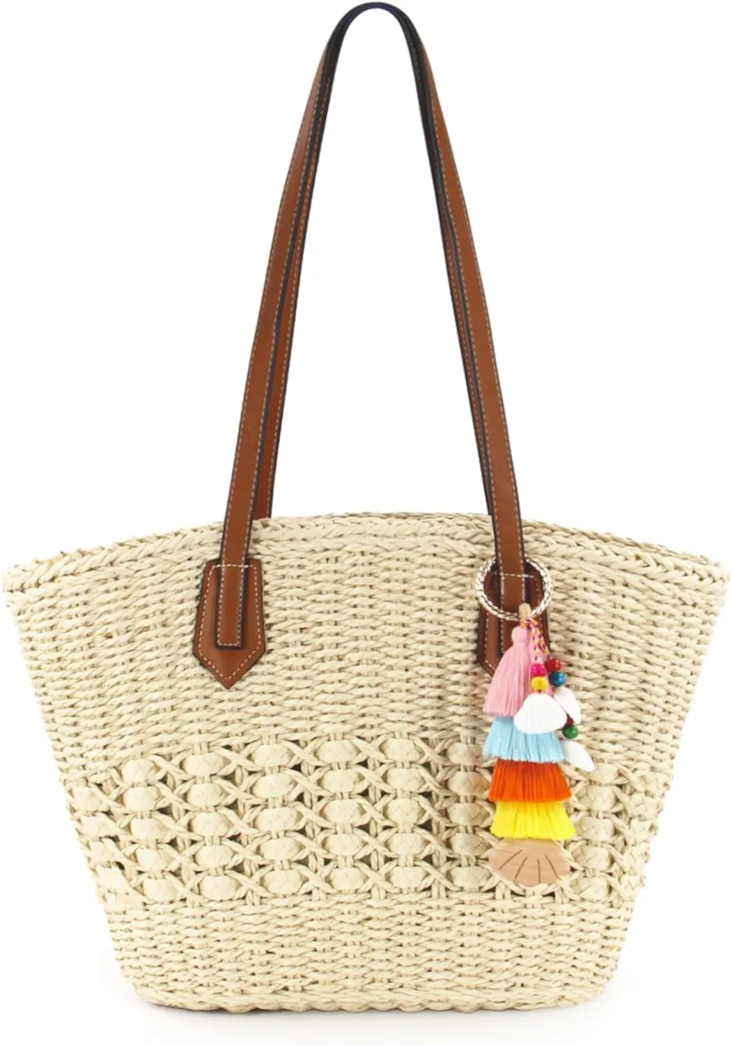 Straw Handbags with Tassel Hat Clip for Travel, Handmade Summer Raffia Totes, Hobo Shoulder Bag Purse for Women