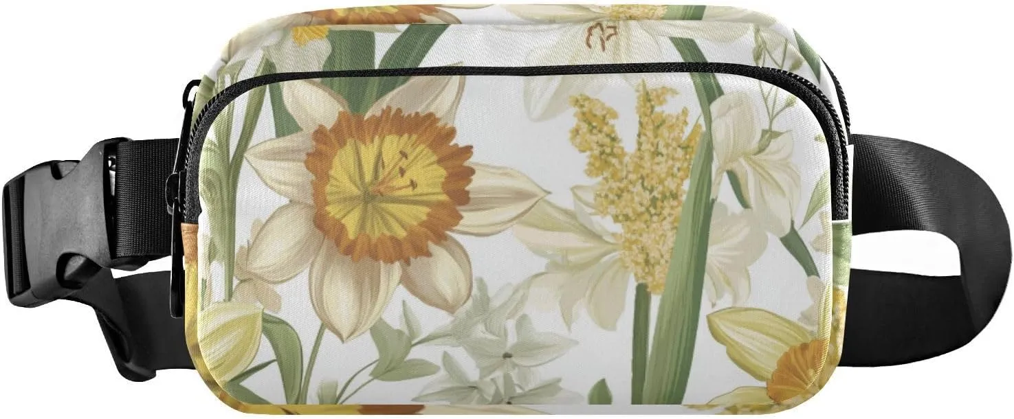 Stylish Fanny Pack Waist Bag Women Men Adults Flowers Lily Yellow White Mini Cross Body Bag Belt Pack with Adjustable Strap for Travel Shopping Running