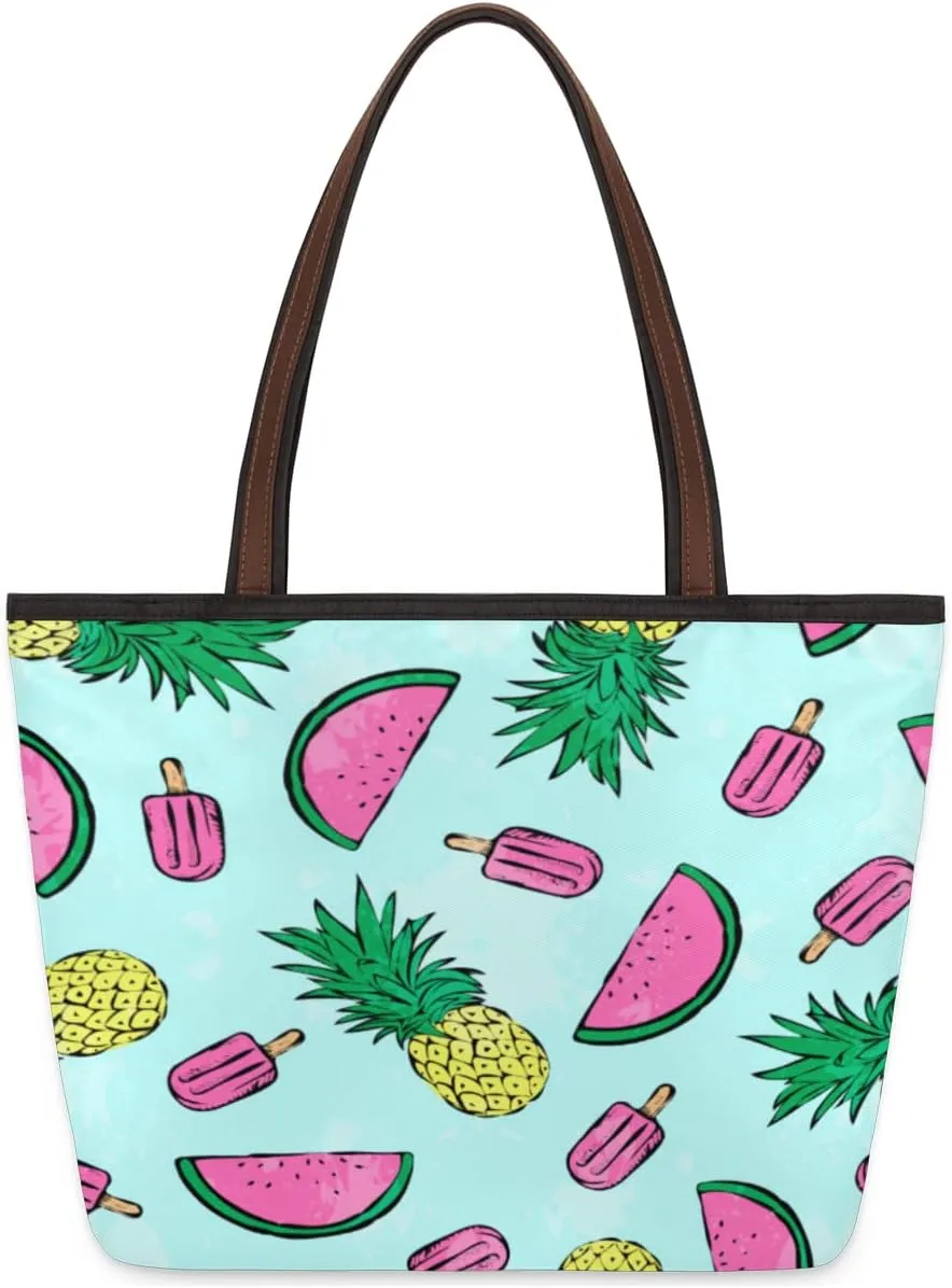 Summer Watermelon Pineapple Large Beach Tote Bag for Women Reusable Grocery Shopping Handbag with Zipper Top Handle Tote Size L