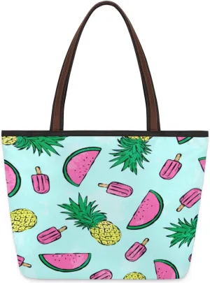 Summer Watermelon Pineapple Large Beach Tote Bag for Women Reusable Grocery Shopping Handbag with Zipper Top Handle Tote Size L