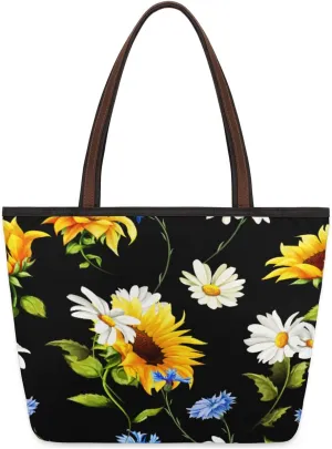 Sunflower Daisy Large Beach Tote Bag for Women Reusable Grocery Shopping Handbag with Zipper Top Handle Tote Size L