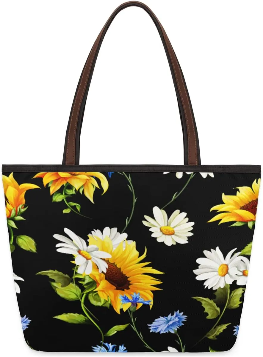 Sunflower Daisy Large Beach Tote Bag for Women Reusable Grocery Shopping Handbag with Zipper Top Handle Tote Size L