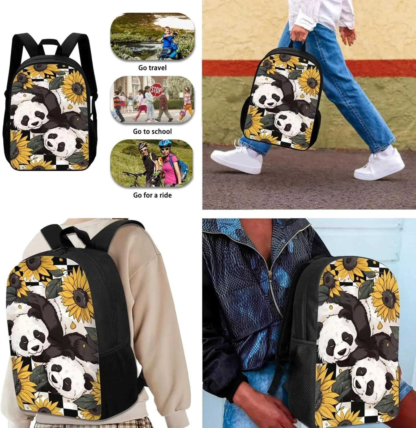 Sunflower Panda Printed Backpack Set with Lunch Bag Pencil Case for Kids Girls, Lightweight School Bag Bookbag with Insulated Bag Large Capacity School Backpack Set with Cooler Lunch Box